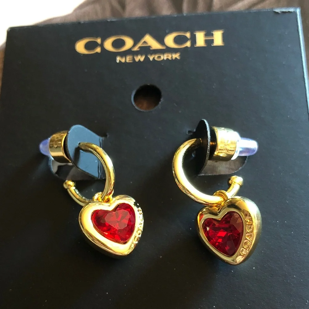 Authentic New on card. COACH Gold Heart Drop Earrings with Red Crystal Centers - Picture 3 of 8